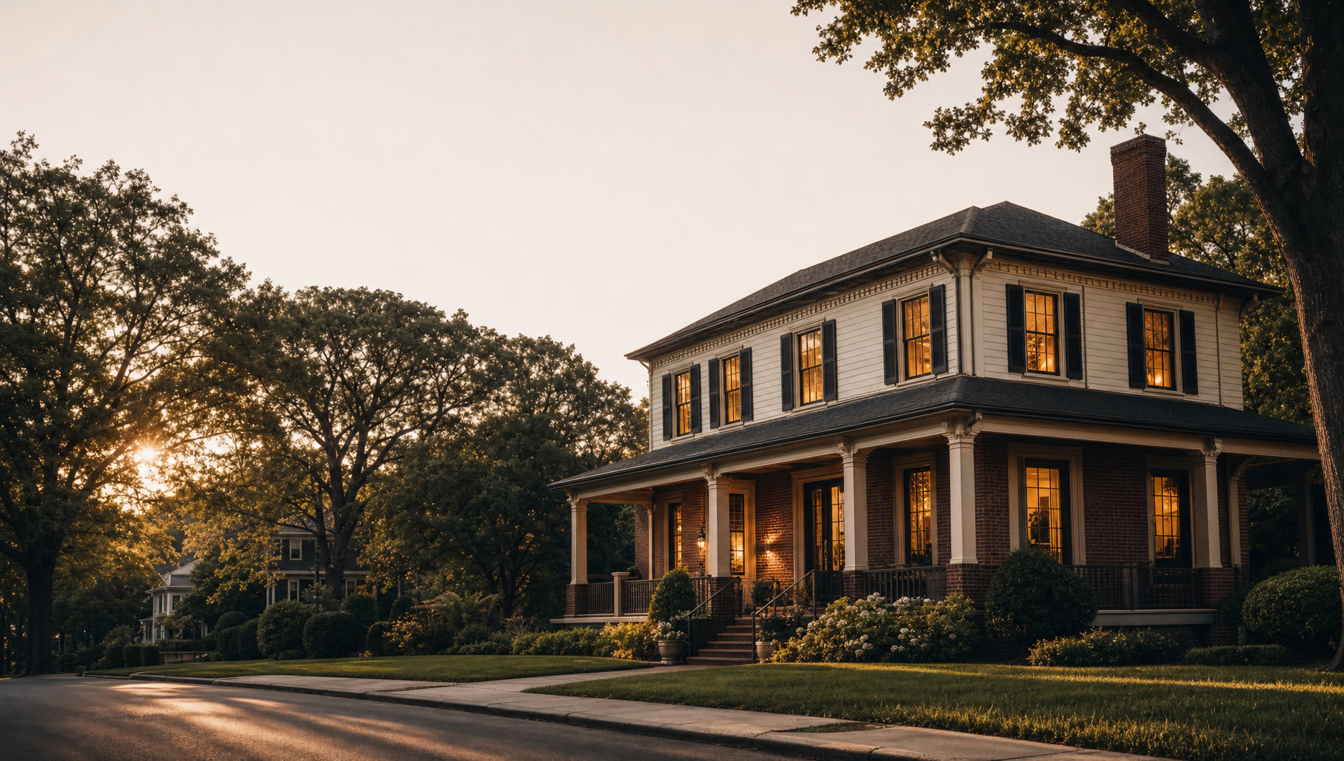 Restored two-story brick home at dusk with warm light in the windows