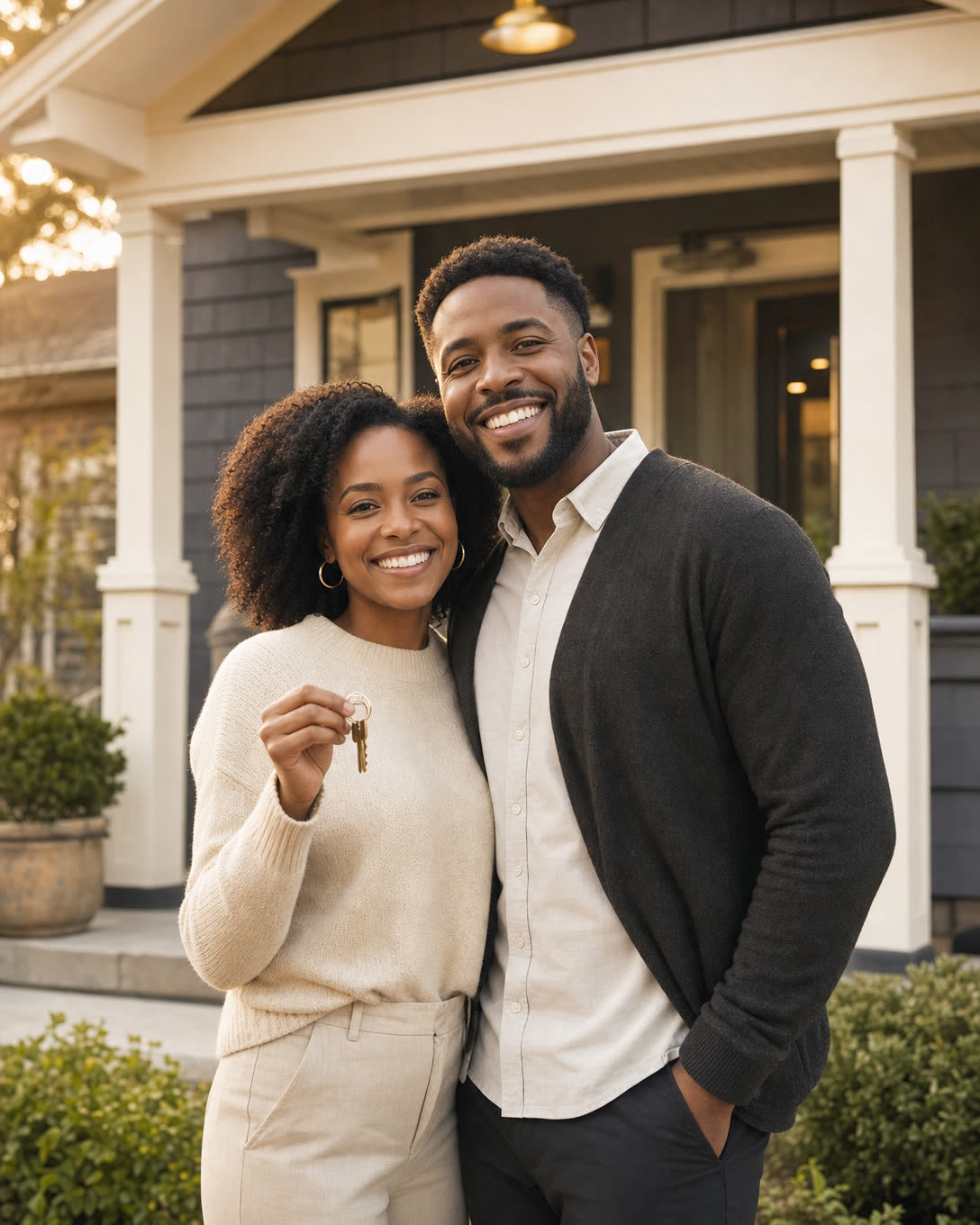 A smiling couple holding keys on the porch of their renovated craftsman home