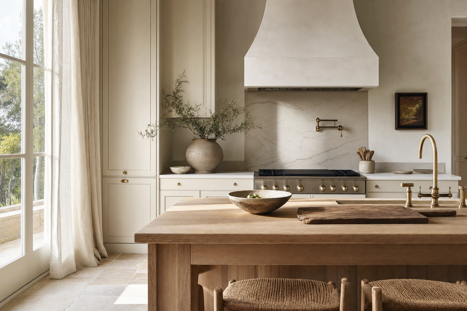 Sunlit renovated kitchen with cream cabinetry and brass fixtures